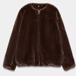 Zara Brown Faux Fur Coat with detachable Gray Hoodie